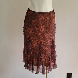 Peruvian Connection Primrose Silk Chiffon Midi Skirt Size 2 Floral Ruffle Chic